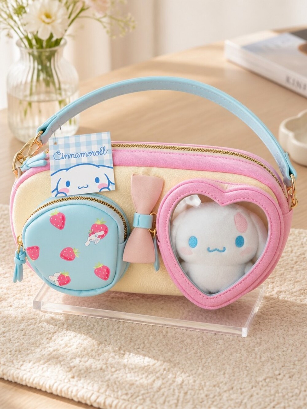 Cinnamoroll Plush Heart Window Bag in Pastel Blue, Pink & Cream